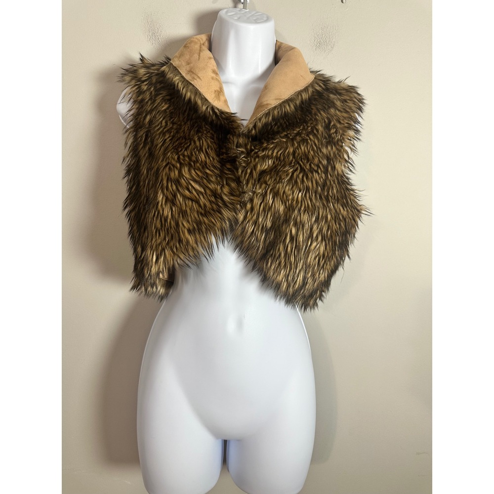 Womens Brown Faux Fur Shag Vest Cropped Open Front Shawl Collar Tan Lining XS/S